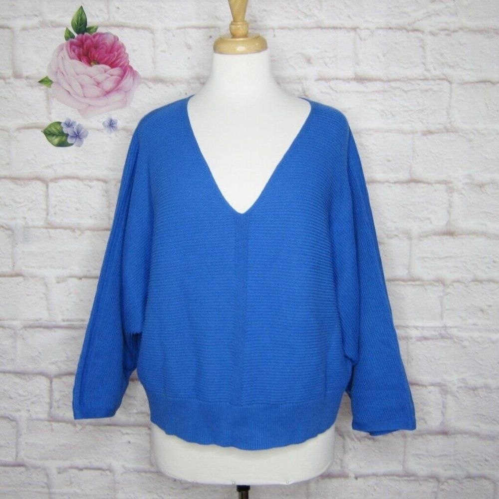 Lafayette 148 New York Blue V neck Dolman Sleeve Textured Pullover Sweater sz XL